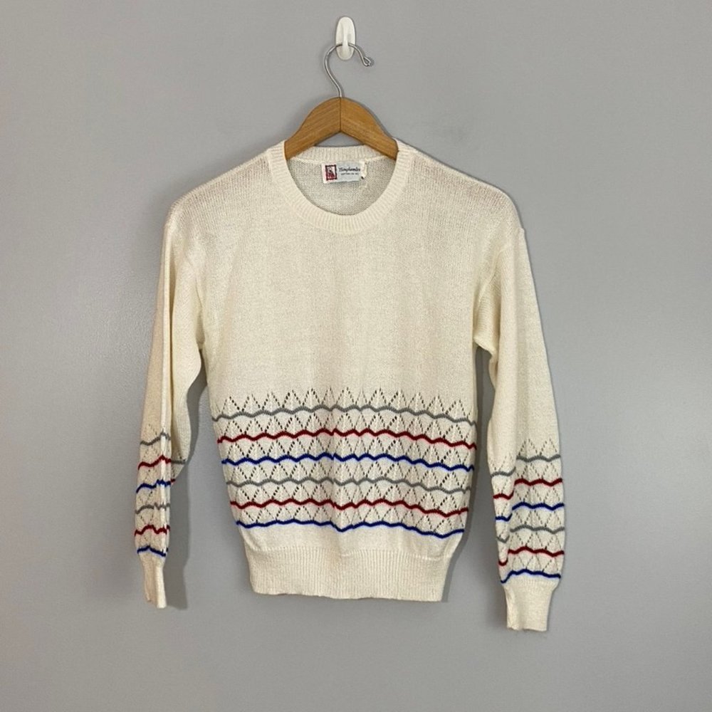 Vintage White and Striped Crewneck Sweater w/ Open Knit at Torso